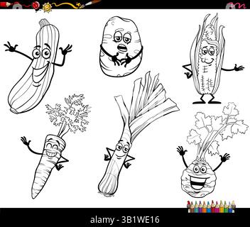 Cartoon illustration of funny vegetables food objects characters collection coloring page Stock Vector