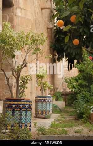 Mediterranean garden pathway with colorful ceramic pots, flowering plants and orange trees against a terracotta wall in Mallorca. Stock Photo