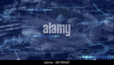 Image of graphs and data moving over navy background with clouds Stock Photo