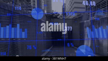 Image of graphs and data over cityscpae Stock Photo