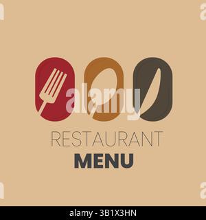 Minimalist Restaurant Menu Logo with Stylized Fork Spoon Knife Icons in Red Brown Gray on Beige Background Stock Vector
