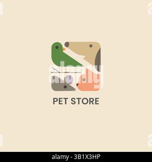 Modern Minimal Pet Store Logo with Dog, Bird, Cat, and Mouse in Cute Geometric Cartoon Style Stock Vector
