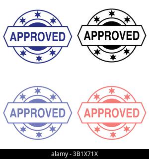 Four "Approved" stamps in different colors—red, blue, black, and light blue. Stock Vector