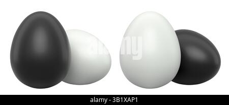 Black and white eggs placed side by side isolated on white transparent background. Concept of egg variety and nutrition Stock Photo