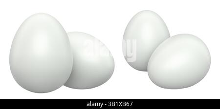 White eggs placed side by side isolated on white transparent background. Concept of egg variety and nutrition Stock Photo