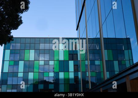 Tauranga urban street scene glass exterior of buildings colourful patterns panels reflected in plain glass. Stock Photo