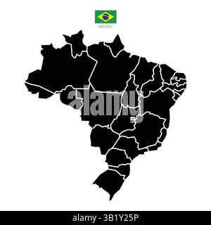 Brazil contour vector map with state, black-white, flag in color. Highly detailed illustration Stock Vector