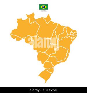 Orange silhouette and colored brazil map.White flat map with borders on a white background. Highly detailed illustration Stock Vector