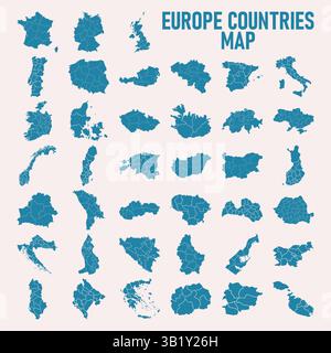 Europe countries maps with regions, isolated on white background. Germany, Netherland, Belgium, Luxemburg, Austria, Switzerland, France, Monaco. Stock Vector