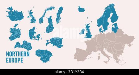 Northern Europe map. Iceland Ireland United Kingdom Denmark Norway, Sweden, Finland, Estonia maps with regions.Europe map isolated on white background Stock Vector