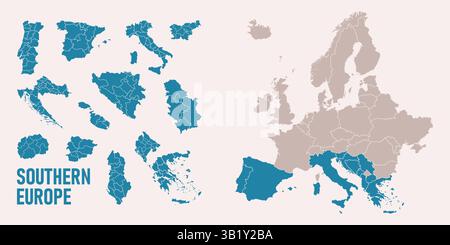 Southern Europe map featuring Italy Portugal Spain Croatia Greece and Malta with regions. Europe map isolated on a white background Highly detailed Stock Vector