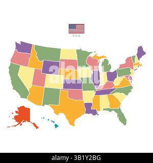 Silhouette and colored USA map. White flat map with borders on a white background. Highly detailed illustration Stock Vector