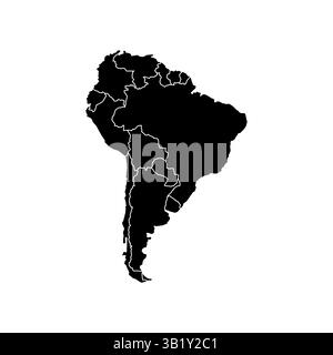 South America isolated map on white background with state. Vector illustration, highly detailed. Brazil, Argentina, chile, bolivia. Stock Vector