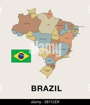 Highly detailed political map of Brazil, showcasing its administrative regions and borders. Perfect for educational, geographical, and travel-related Stock Vector