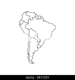 South America isolated map on white background with state. Vector illustration, highly detailed. Brazil, Argentina, chile, bolivia. Stock Vector