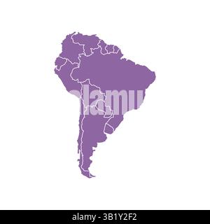Silhouette purple south america map with states isolated on white background hight detaled Stock Vector