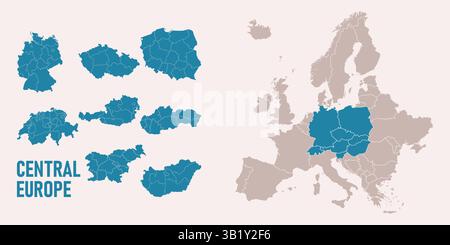 Map of Central Europe Includes Switzerland Germany Poland Hungary and Austria with regional divisions. Isolated on a white background Highly detailed Stock Vector