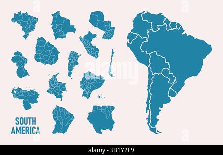 Set South America isolated map on white background. High detailed, with board. Brazil, Peru, Venezuela, Paraguay, Argentina, Colombia, Ecuador, Chile Stock Vector