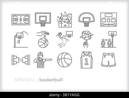 Set of 15 basketball line icons of sports equipment, symbolism, attire, and themes celebrating on the court or as a pickup game Stock Vector
