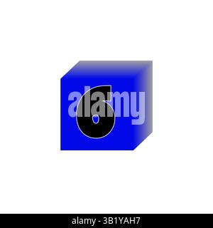 Number six cube. Blue numeric block. Black bold figure. Vector box symbol. Stock Vector