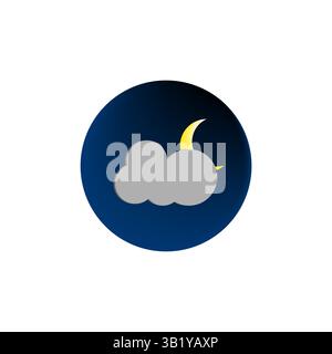 Night cloud icon. Moon weather shape. Dark blue background. Crescent yellow element. Stock Vector