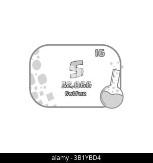 Sulfur element symbol. Number sixteen detail. Vector chemistry icon. Gray flask illustration. Stock Vector