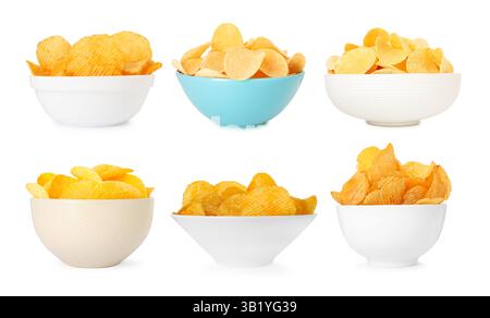 Delicious crispy potato chips in bowls isolated on white, collage Stock Photo
