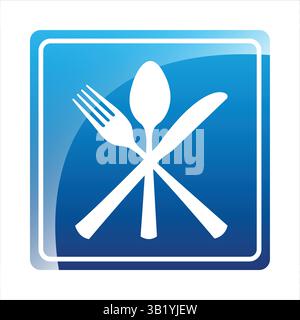 Restaurant Sign – Blue Square Icon with Fork, Spoon, and Knife Indicating Food Services, Dining Area, Roadside Restaurant, Meal Stop, and Café Nearby Stock Vector