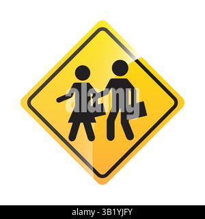 School Crossing Warning Sign – Yellow Diamond Traffic Sign Indicating Children Crossing Area for Safe Driving Near Schools, Education Zones, and Roads Stock Vector