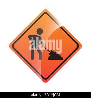 Construction Work Ahead Sign – Orange Diamond Road Sign Showing Worker with Shovel for Roadwork Alerts, Traffic Caution, Street Maintenance Stock Vector