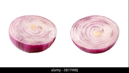 Fresh peeled red or purple onion bulbs in two halves are isolated on white background with clipping path. Stock Photo