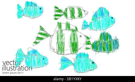 Colorful fishes childish drawing illustration. Fishes different sizes and patterns. Kids books educational materials marine themed designs. Childish Stock Vector