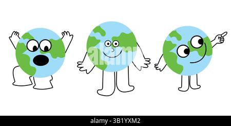 Flat Linear Style Funny Earth Mascot Vector Illustration Set - Ecology Concept Logo Design Stock Vector