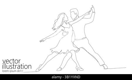 Continuous line drawing couple dancing. Woman wears dress man wears pants. Dance studio events wedding invitations cards. Minimalist style line art Stock Vector