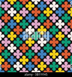 Colorful floral pattern with clover shapes and petals on black background. Seamless geometric vector design in retro style. High quality illustration Stock Vector