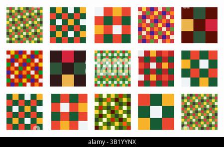Geometric vector designs in Xmas and New Year colors. Set of seamless check grid patterns with square, block, tile, and quadrant shapes in Memphis sty Stock Vector