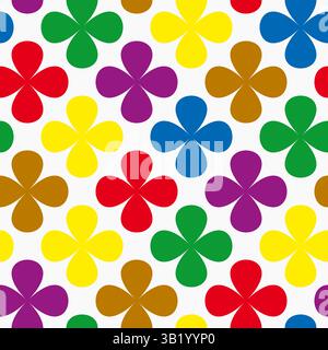 Colorful clover floral pattern with rounded petals on a seamless white background. Retro geometric vector design high quality illustration for decor w Stock Vector