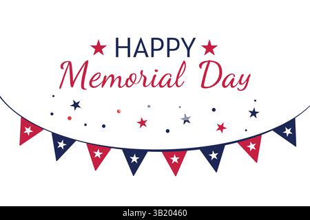 Happy Memorial Day Banner with Red and Blue Garland Stars on White Background Vector Graphics Illustrations Stock Vector