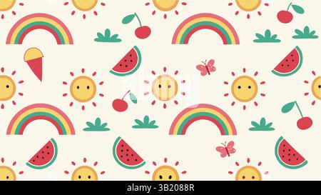 Cheerful Summer Fun Pattern: Seamless Rainbows, Suns, Fruits, and Butterflies Design Stock Vector