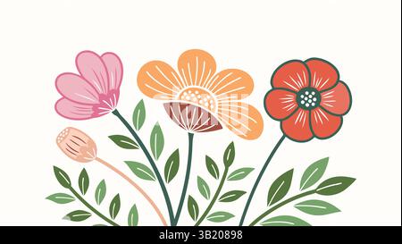 Cheerful Spring Garden Illustration: Whimsical Flowers, Butterflies, and Hearts for Joyful Designs Stock Vector