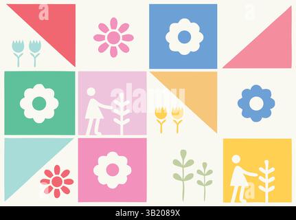 Playful Geometric Garden Tiles: Colorful Flowers, Plants, and Gardener Motifs Stock Vector