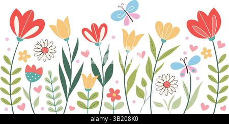 Cheerful Spring Garden Illustration: Whimsical Flowers, Butterflies, and Hearts for Joyful Designs Stock Vector