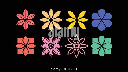 Vibrant Geometric Flower Set: Modern Floral Vector Graphics for Creative Design Projects Abstract, Decorative, Colorful Stock Vector