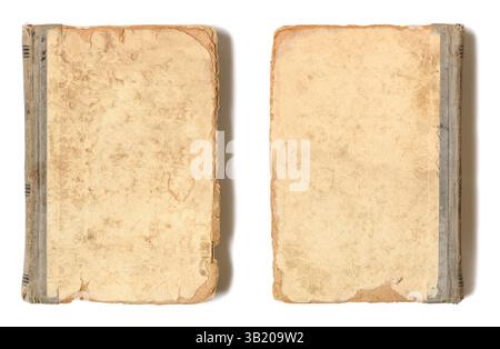 Very old vintage book brown cover on signs of age falling apart on white background Stock Photo