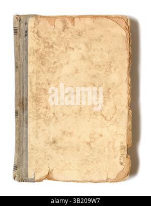 Very old vintage book brown cover on signs of age falling apart on white background Stock Photo