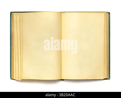 Open old shabby green book with faded blank pages space for text on white background Stock Photo