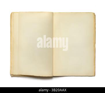 Open old shabby book with faded blank pages space for text on white background Stock Photo
