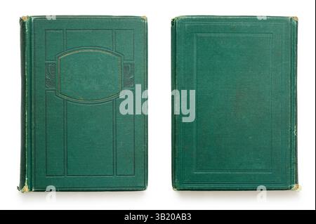 Shabby cover of a vintage book with frame. Old and ornate book cover green texture with gold decorative frame isolated on white background. Stock Photo