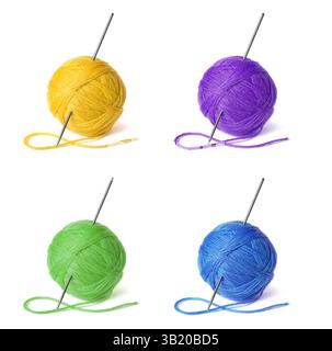 Bright yellow knitting wool and ball with needle on white background Stock Photo