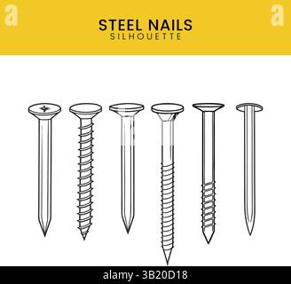 Steel Nails Silhouette Vector Set: Various Types for Construction and DIY Projects Stock Vector